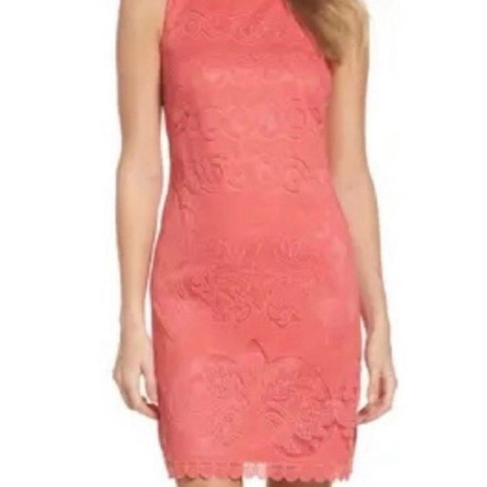 Eliza J Sheath Dress in Coral Lace - size 2